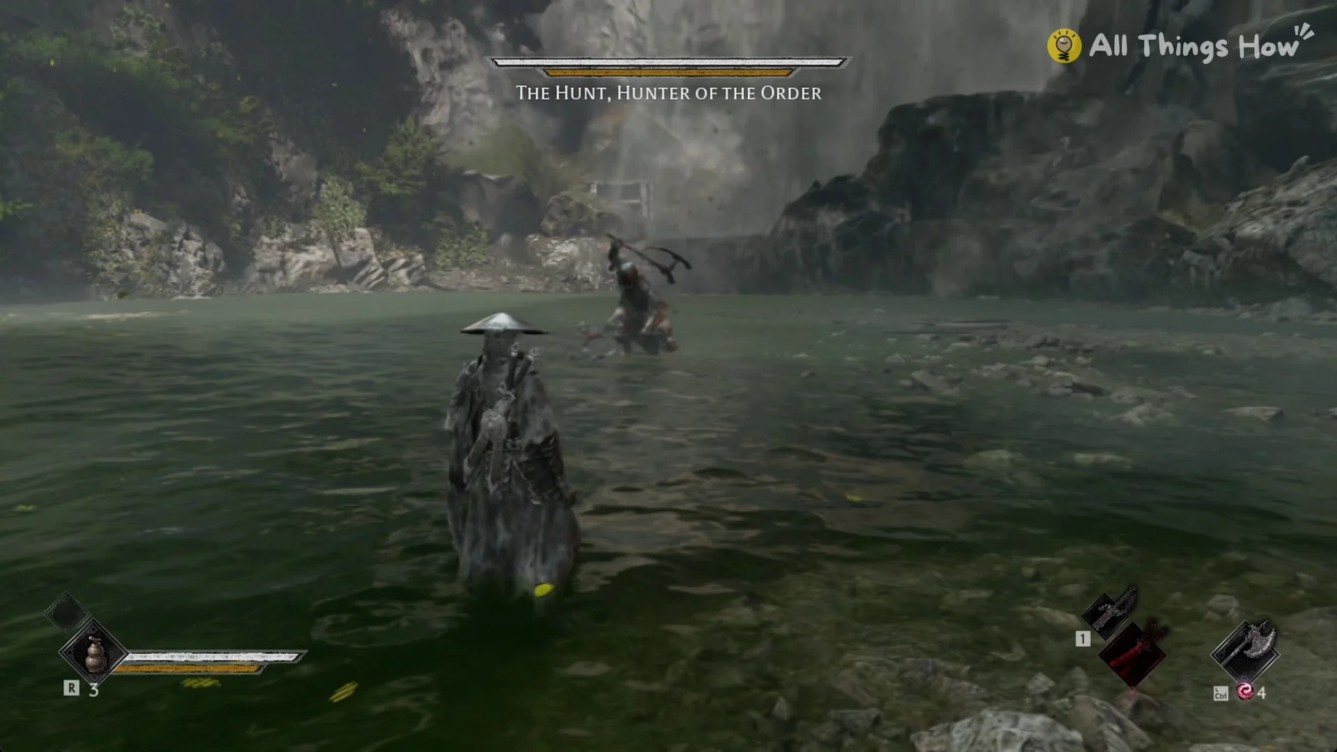 Soul wading into the pool beneath the Great Waterfall as The Hunt waits, Phantom Blade Zero