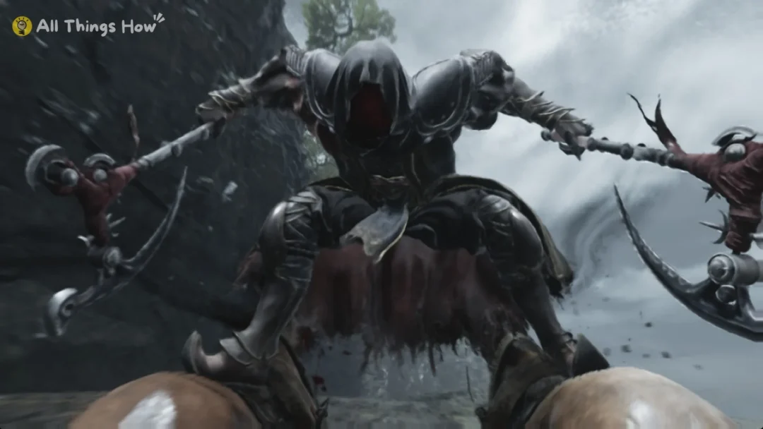 The Hunt, a hooded rider with two hooked sickles, leaping at the cart in Phantom Blade Zero