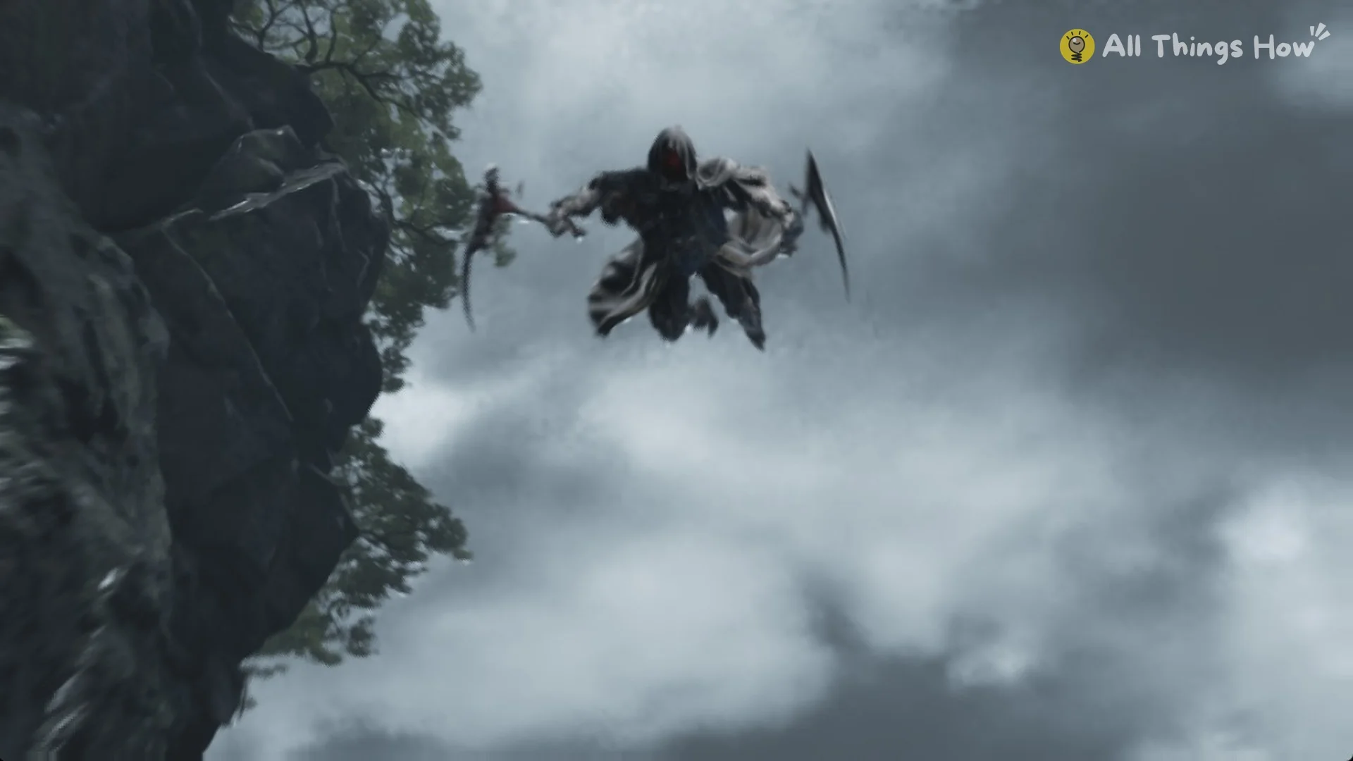 The Hunt leaping down from a cliff with a sickle in each hand in Phantom Blade Zero