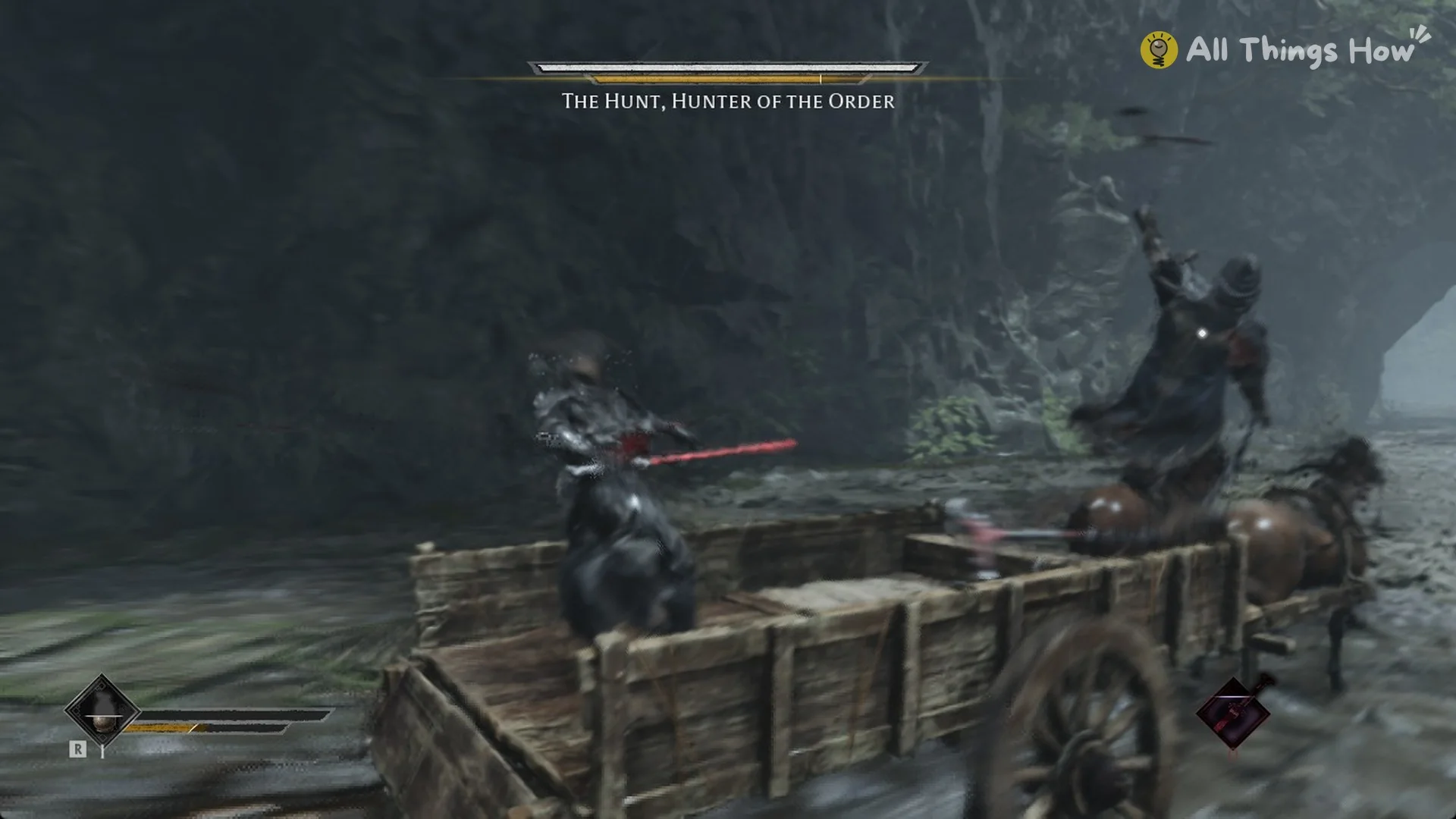 The Hunt leaping from his horse onto the cart as Soul swings back in Phantom Blade Zero