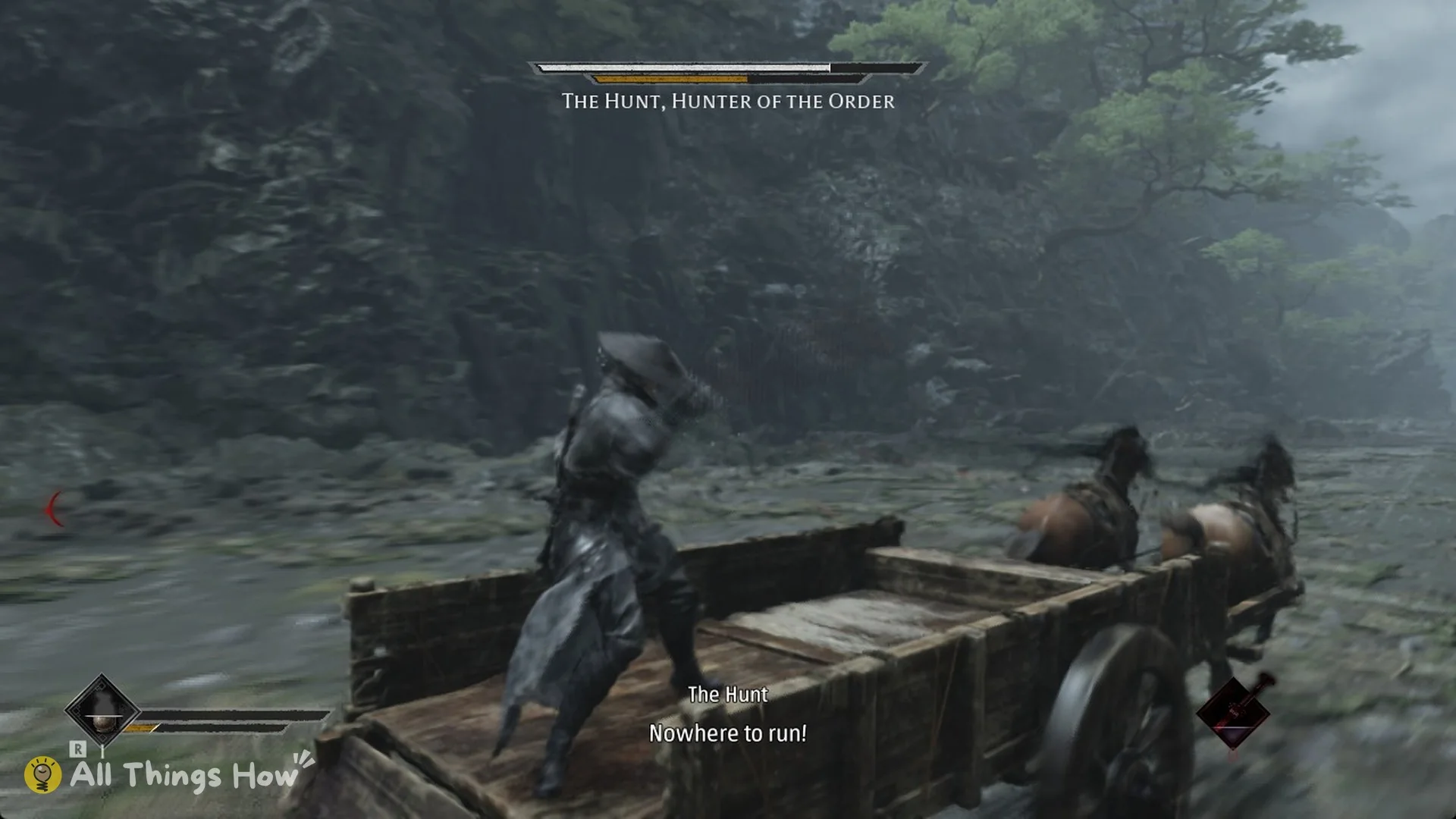 Soul on the cart with the subtitle The Hunt Nowhere to run in Phantom Blade Zero