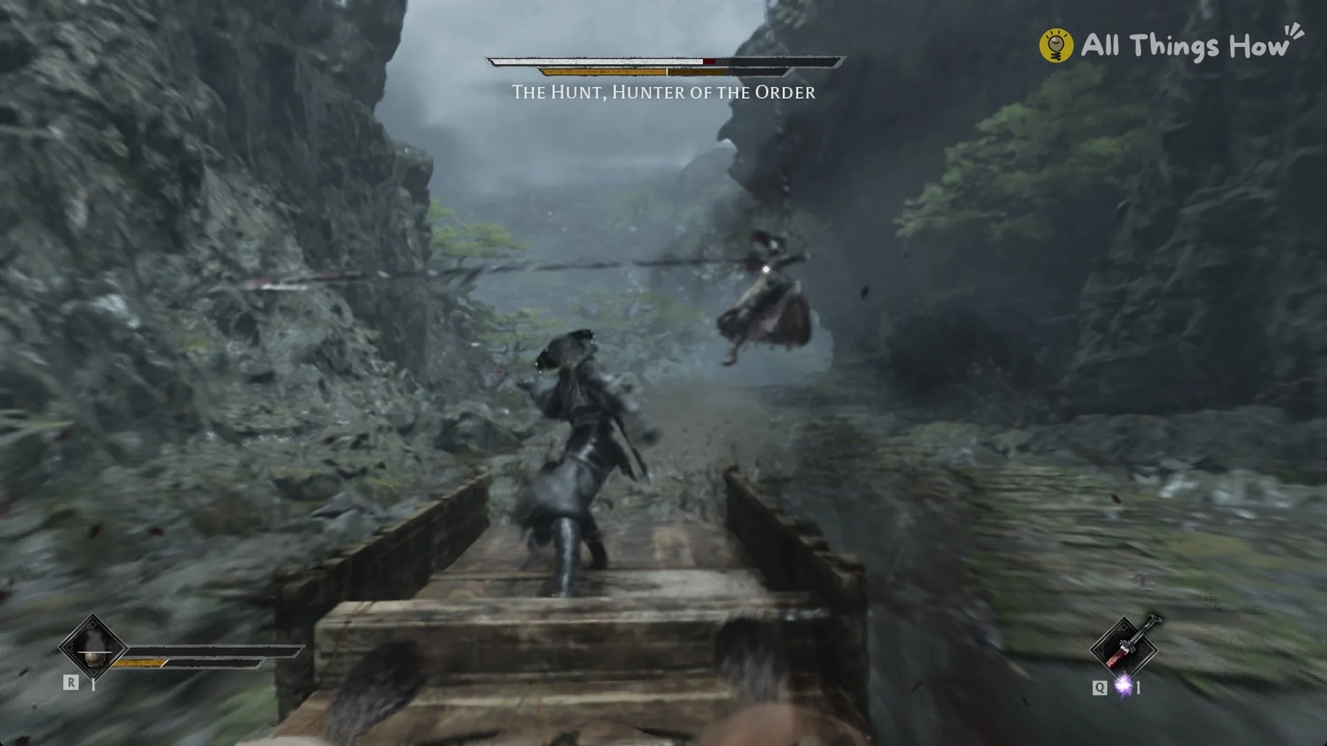 The Hunt leaping at the cart from the roadside with a long reach in Phantom Blade Zero
