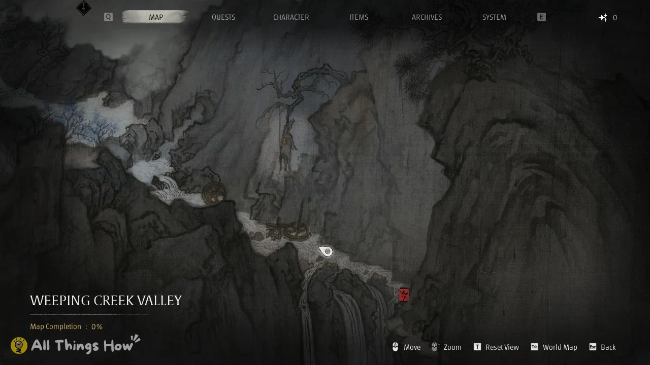 Ink-wash style map of Weeping Creek Valley with its creek and waterfalls in Phantom Blade Zero