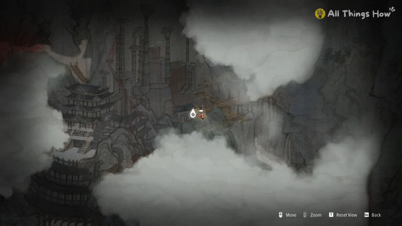 Ink-wash map with pagoda, towers and wooden walkways, a white droplet marker and Soul icon, surrounded by fog.