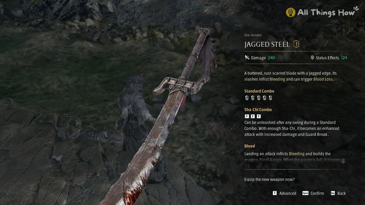 Close-up of a rusty, bloodstained jagged sword beside a weapon stats panel offering to equip the new weapon.