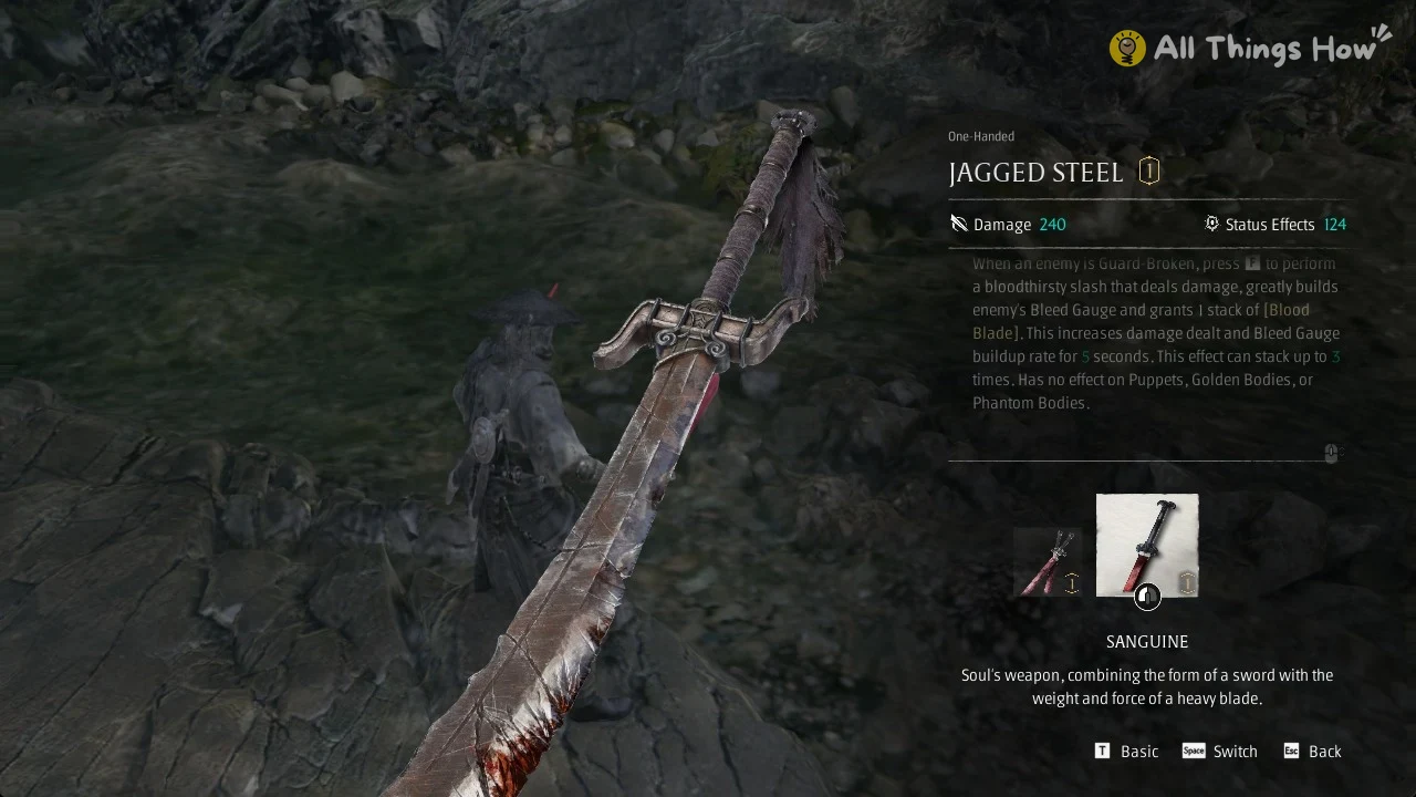 Bloodied sword in the foreground with a weapon panel showing two weapon icons and the Sanguine description.