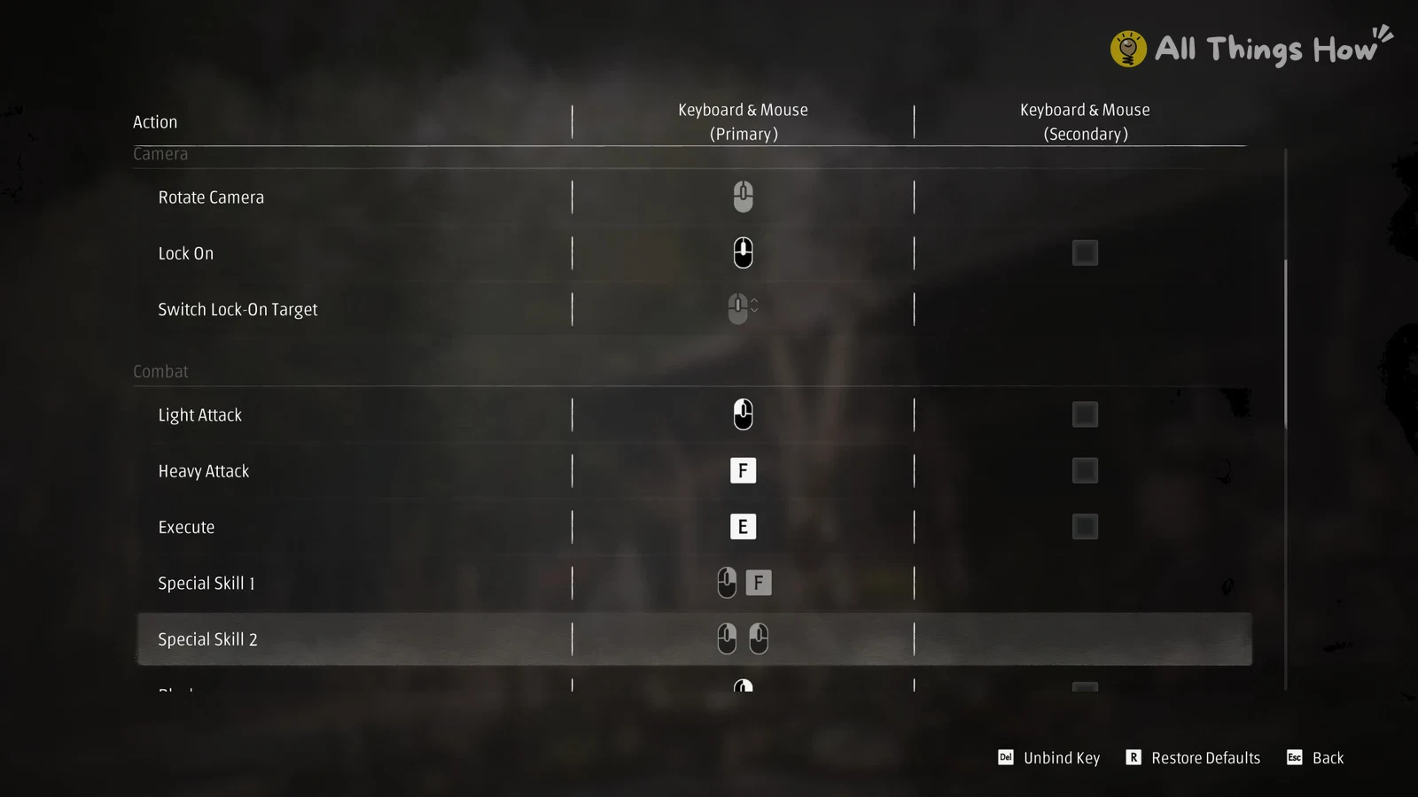 Key binding menu showing camera and combat actions with mouse icons and F and E keys assigned.