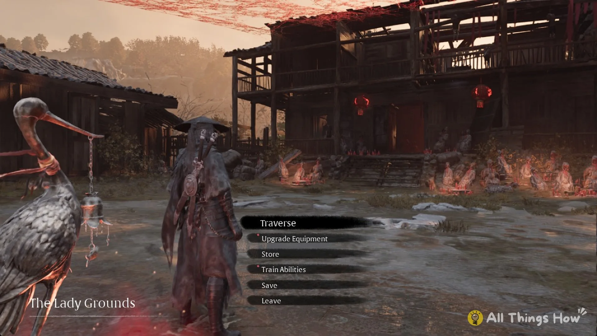 The Lady Grounds bell menu with Traverse, Upgrade Equipment, Store, Train Abilities, Save and Leave, Phantom Blade Zero