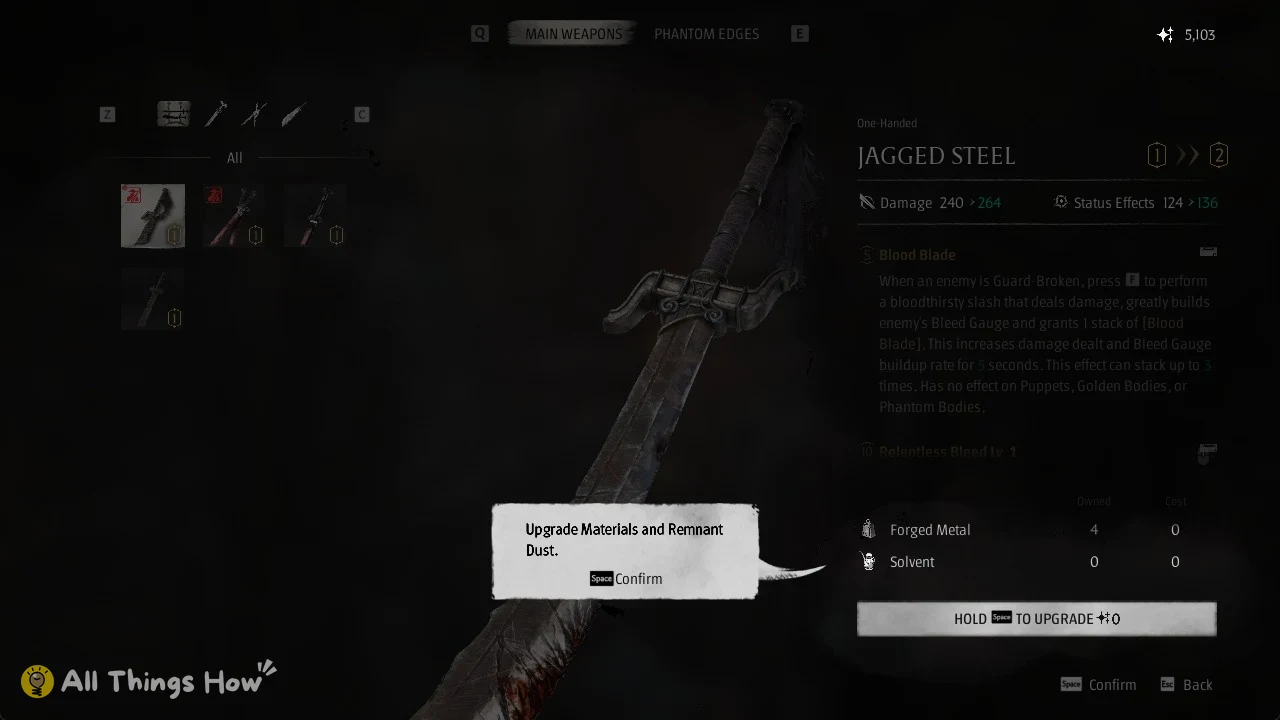 Dark weapon menu with a large jagged sword in the center and upgrade stats and materials listed on the right.