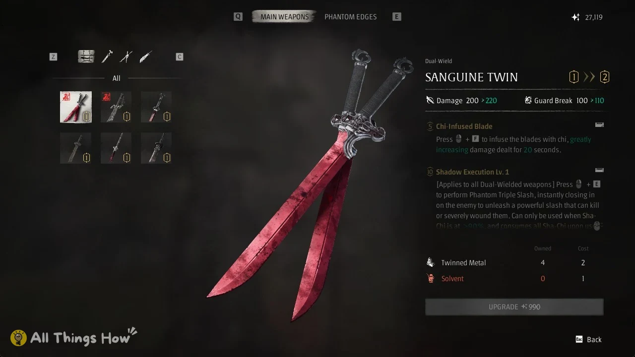 Sanguine Twin upgrade screen in Phantom Blade Zero with 0 Solvent owned and the UPGRADE button greyed out