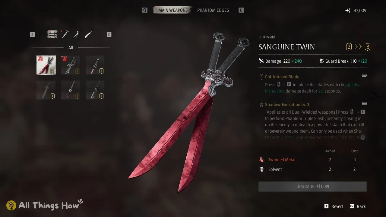 Upgrade Equipment screen for the Sanguine Twin in Phantom Blade Zero