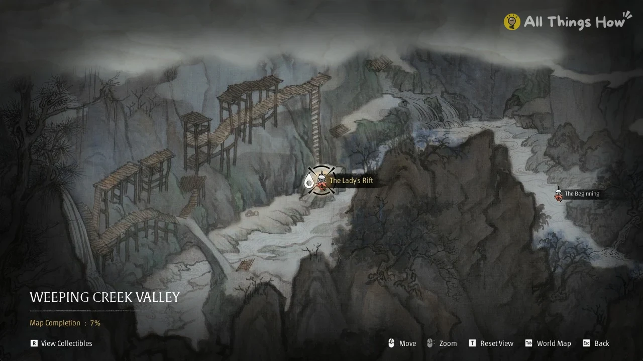 Ink-painted map of a misty valley with wooden scaffolds, a river, and two labeled location markers.
