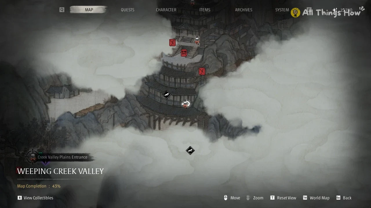 Ink-painted game map of a tiered pagoda on a cliff, partly hidden by fog, with red and black map icons.