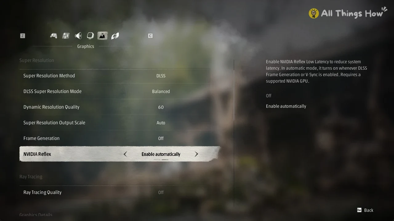 Graphics settings menu with NVIDIA Reflex highlighted and set to Enable automatically, description text on the right.