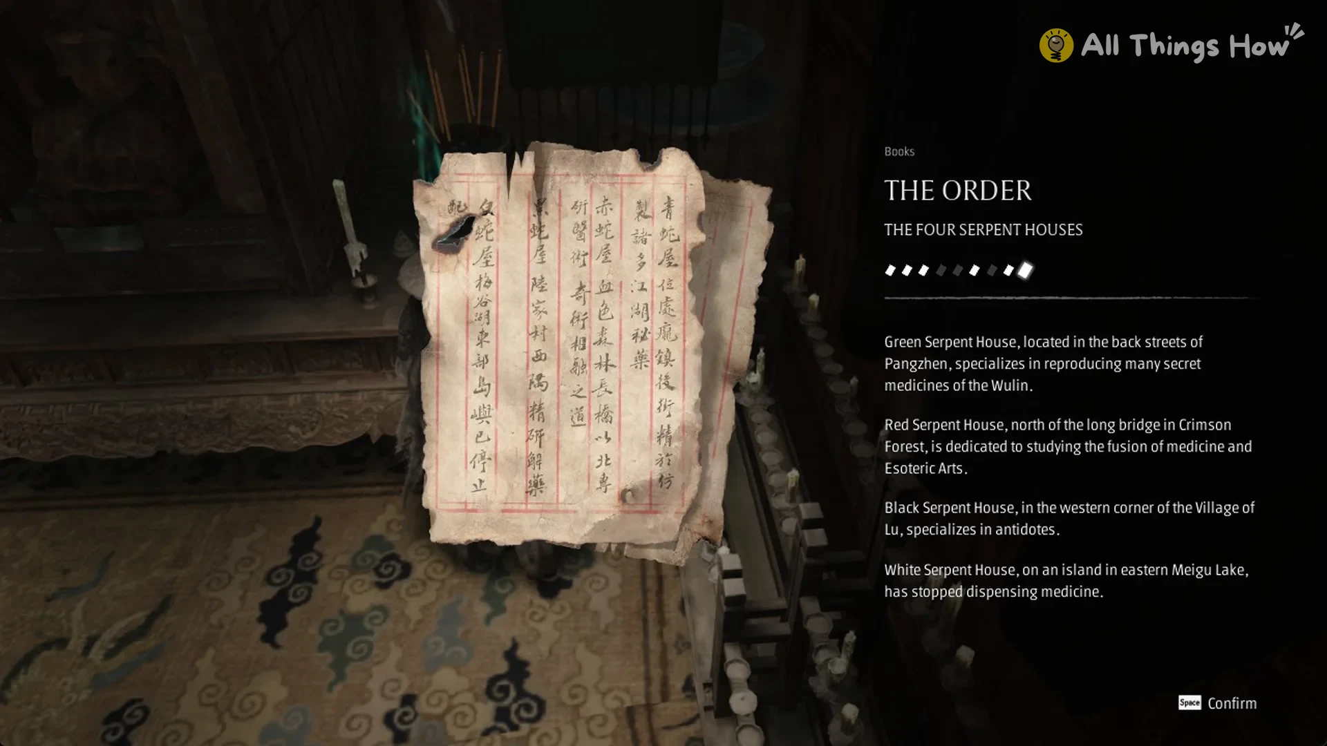 The Order: The Four Serpent Houses book card listing the Green, Red, Black and White Serpent Houses in Phantom Blade Zero