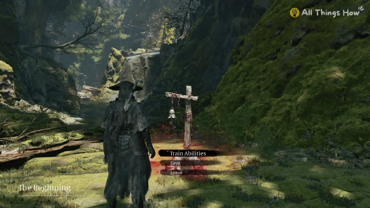 Soul in a wide hat beside a wooden cross with a bell in a green mossy canyon, menu options shown.