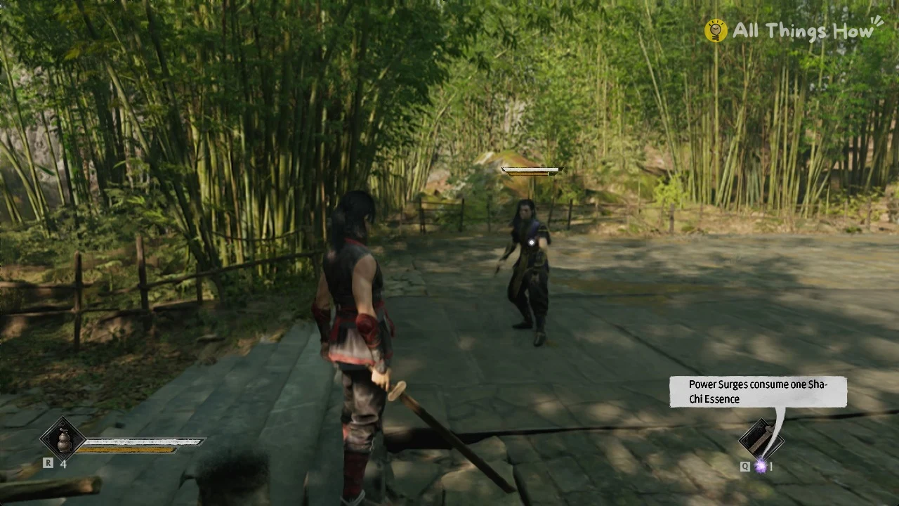 Swordswoman in red and black stands on stone steps facing an armed opponent in a sunlit bamboo forest courtyard.