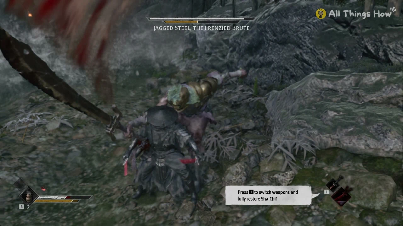 Dark-clad swordsman with wide hat fights a gold-armored brute swinging a huge jagged blade on mossy rocks.
