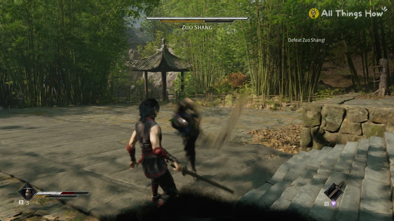 Trading blows with young Zuo Shang in the Phantom Blade Zero sparring yard, a bamboo grove and pavilion behind