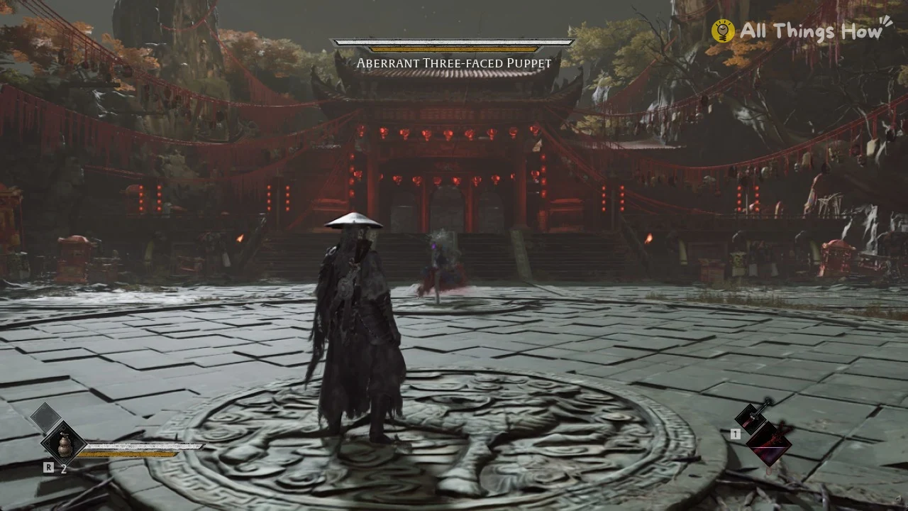 Cloaked swordsman in a conical hat on a stone courtyard facing a distant enemy before a red-lit temple, health bars visible.