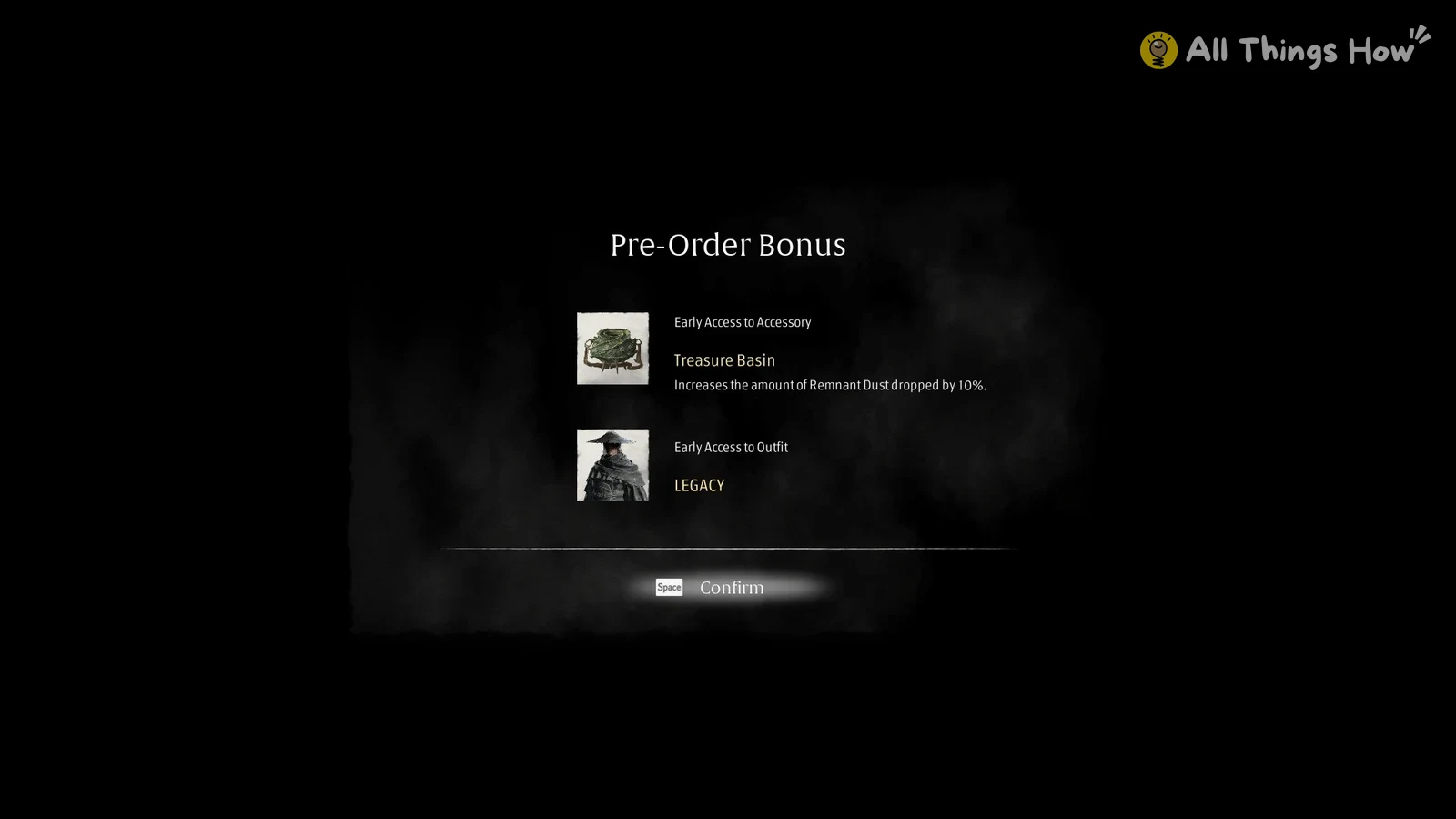 Dark screen titled Pre-Order Bonus listing a green Treasure Basin accessory and a hooded LEGACY outfit, with Confirm prompt.