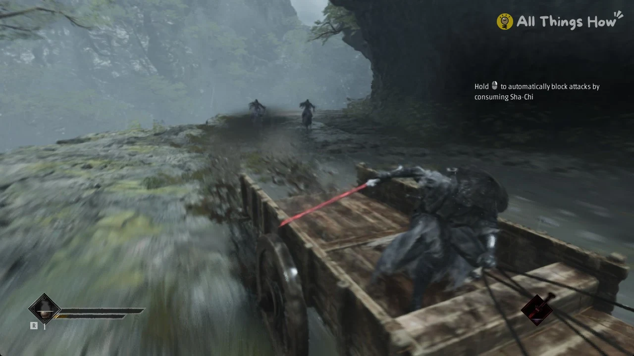 Soul with a glowing red blade crouches in a speeding wooden cart on a misty mountain road while riders chase.
