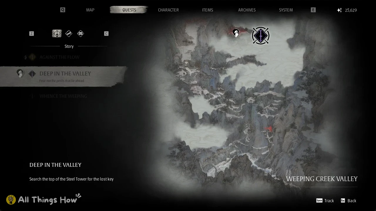Quest log menu with Deep in the Valley highlighted beside an ink-painted map of misty mountain valleys.