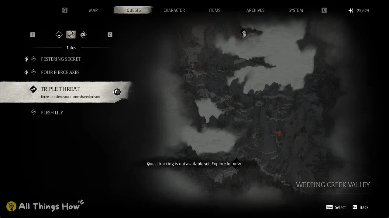 Dark ink-style quest menu listing Tales with Triple Threat highlighted beside a misty map of Weeping Creek Valley.