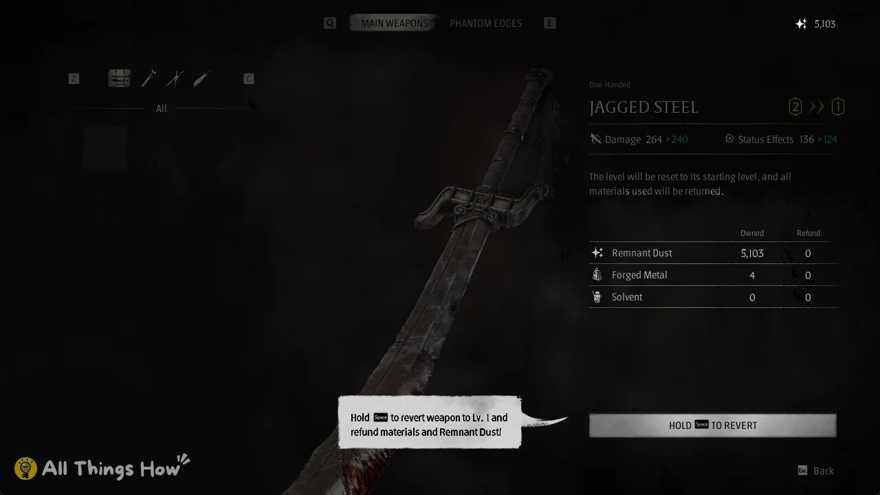 Weapon revert menu showing a jagged sword, refund table on the right, and a hold-to-revert button.