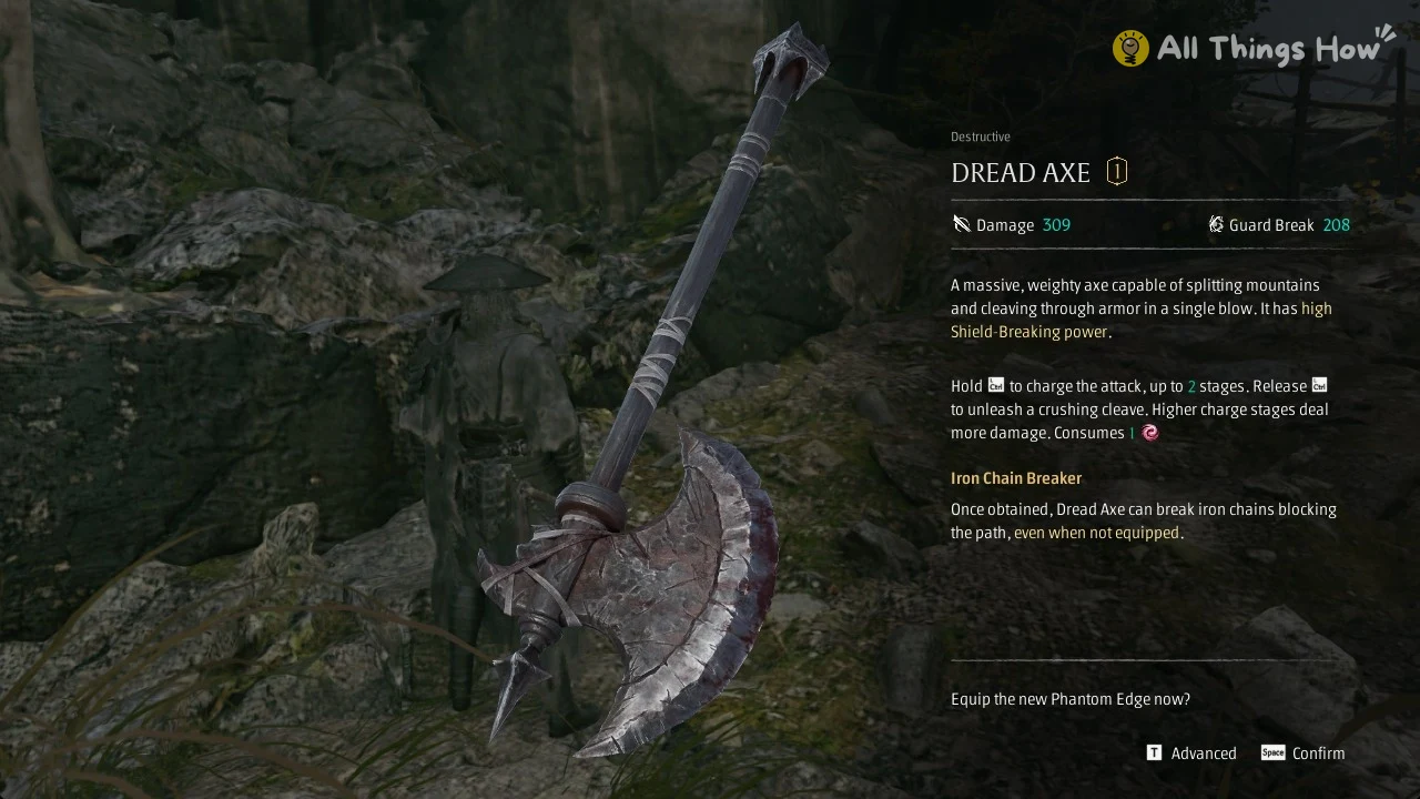Dread Axe reward card in Phantom Blade Zero showing it consumes 1 Remnant Spark