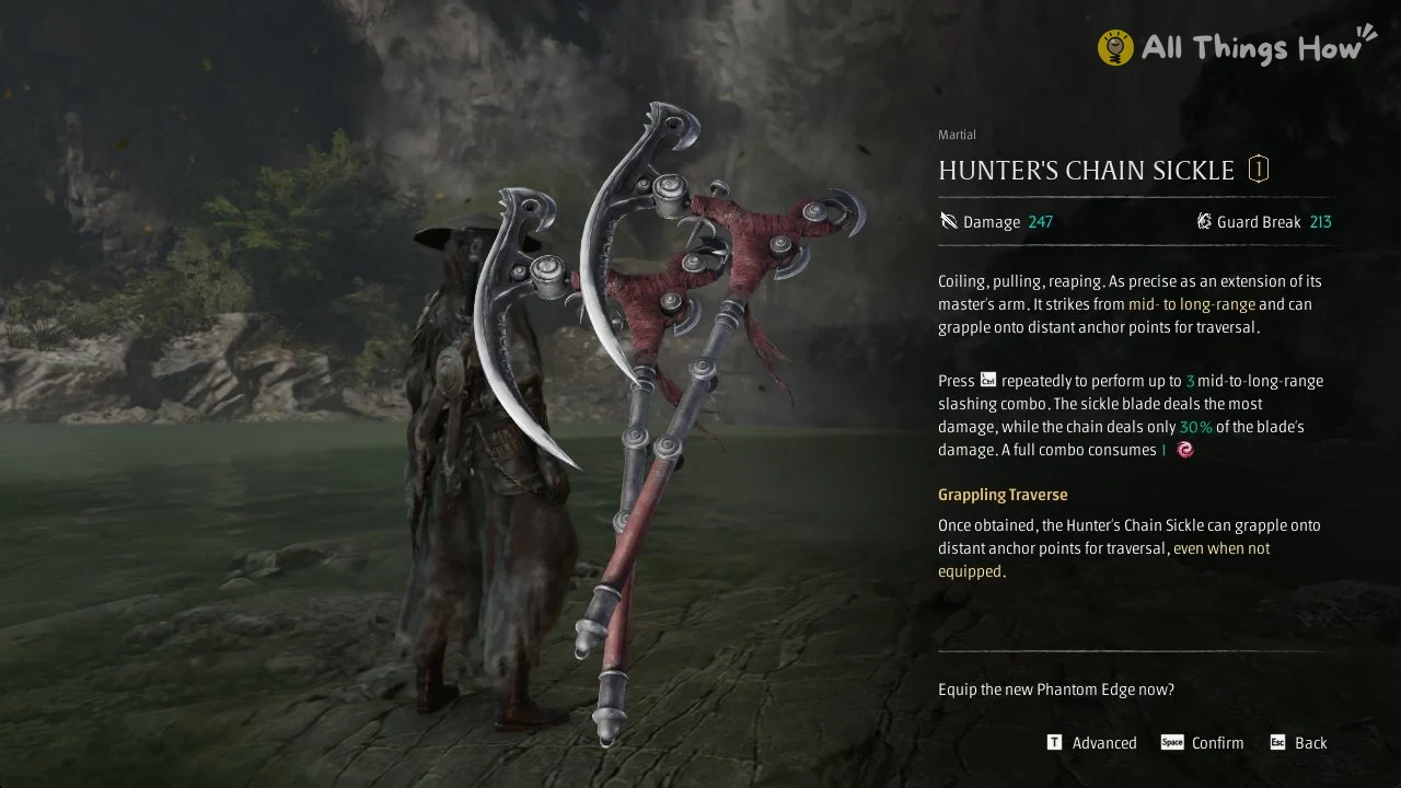 Hunter's Chain Sickle reward card with Damage 247, Guard Break 213 and Grappling Traverse in Phantom Blade Zero