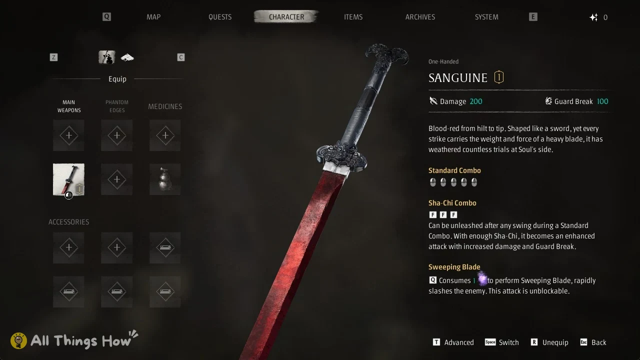 Sanguine in the Phantom Blade Zero Character Equip menu: One-Handed, Damage 200, Guard Break 100