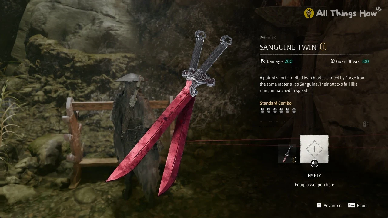 Weapon slot picker with Sanguine in one slot and an empty slot for the Sanguine Twin in Phantom Blade Zero