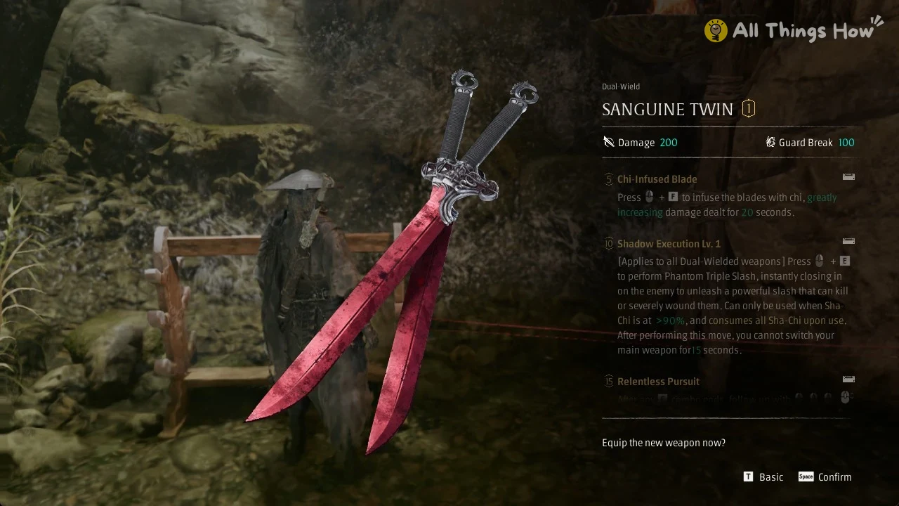 Pair of red twin blades displayed beside armored warrior in conical hat, with weapon stats and skill descriptions on right.