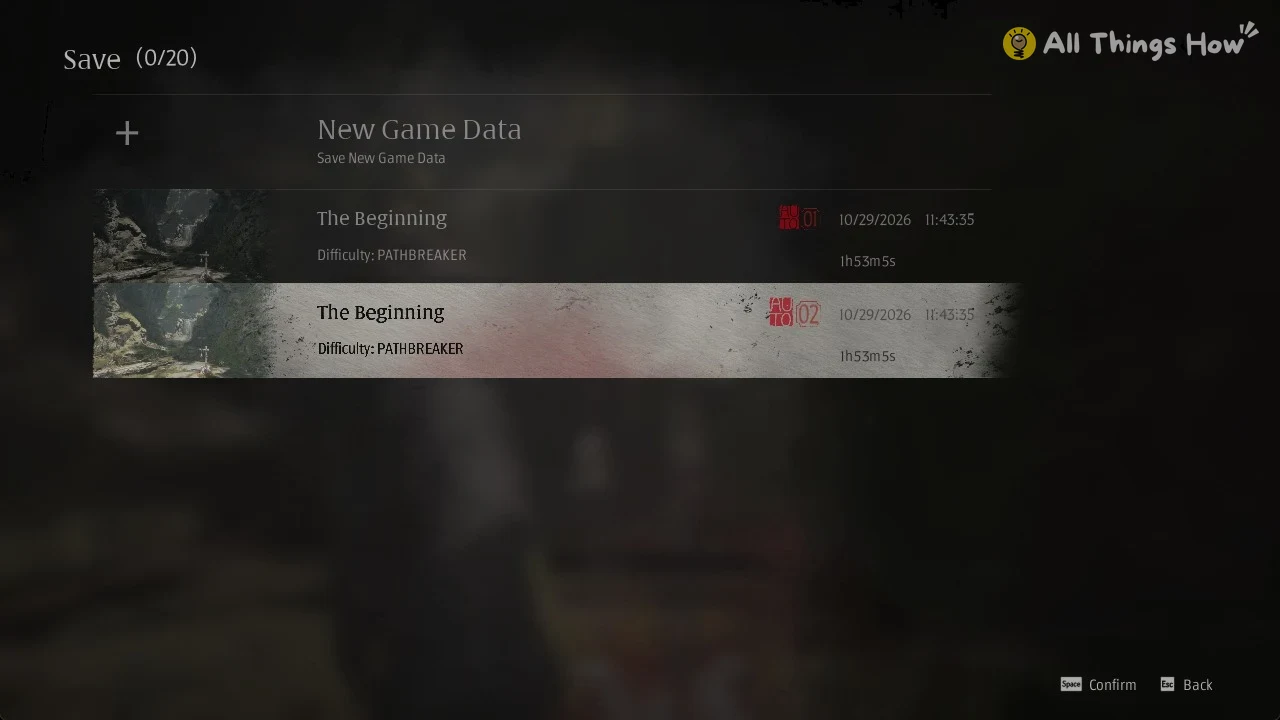 Save menu showing a New Game Data option and two autosave slots titled The Beginning with dates and playtime.