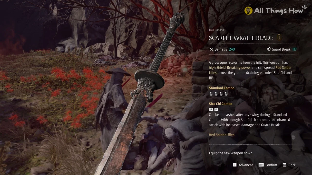 A rusted greatsword with a grinning face on the hilt beside a weapon stats panel, with Soul standing among red flowers.