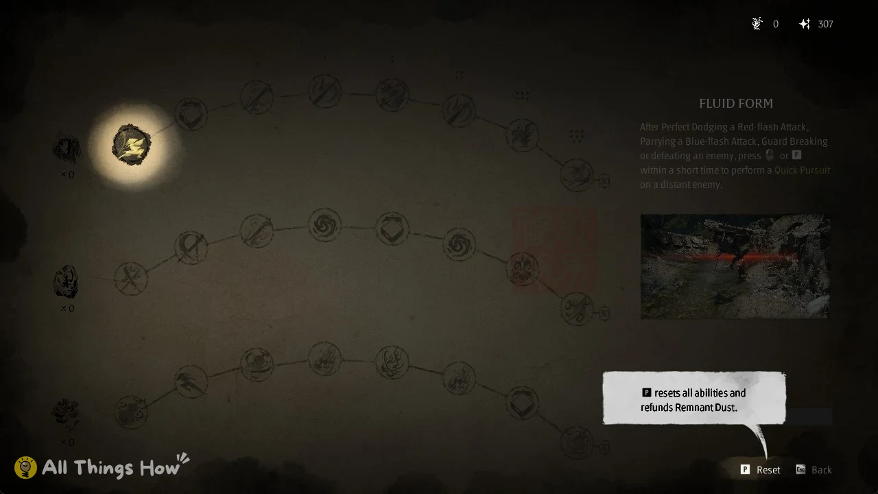 Dimmed ink-style skill tree with three branching rows of round ability icons, a description panel, and a reset tooltip.