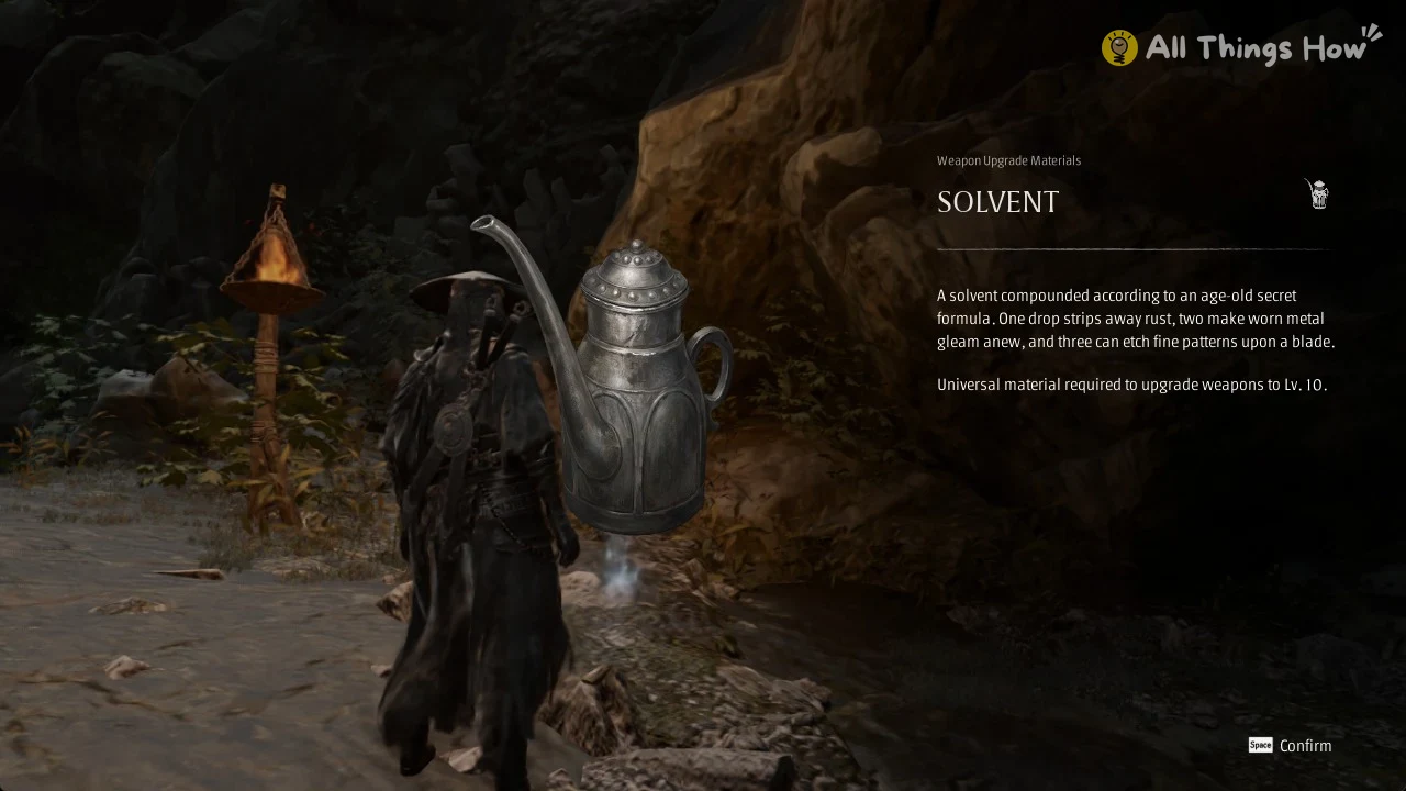 Phantom Blade Zero SOLVENT item card under Weapon Upgrade Materials