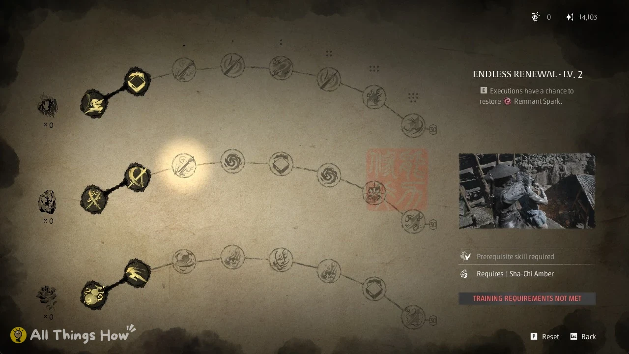 Endless Renewal Lv. 2 on the Phantom Blade Zero training screen, requiring 1 Sha-Chi Amber