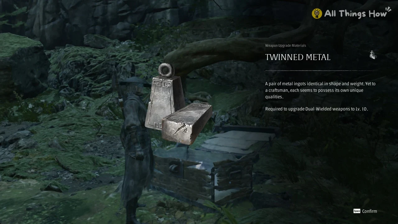 Two silver metal ingots float above an opened wooden chest in a dark mossy forest, next to an item description panel.