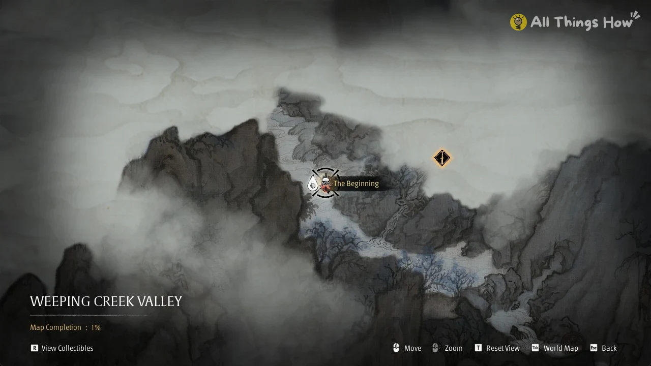 Ink-wash style map of misty mountains and a river, with a marker labeled The Beginning and a gold diamond icon.