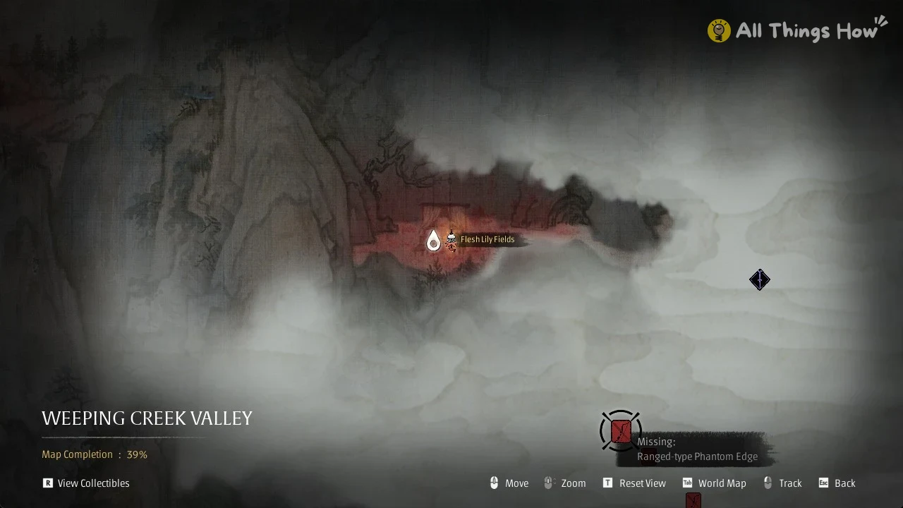 Weeping Creek Valley map in Phantom Blade Zero with a Missing: Ranged-type Phantom Edge marker