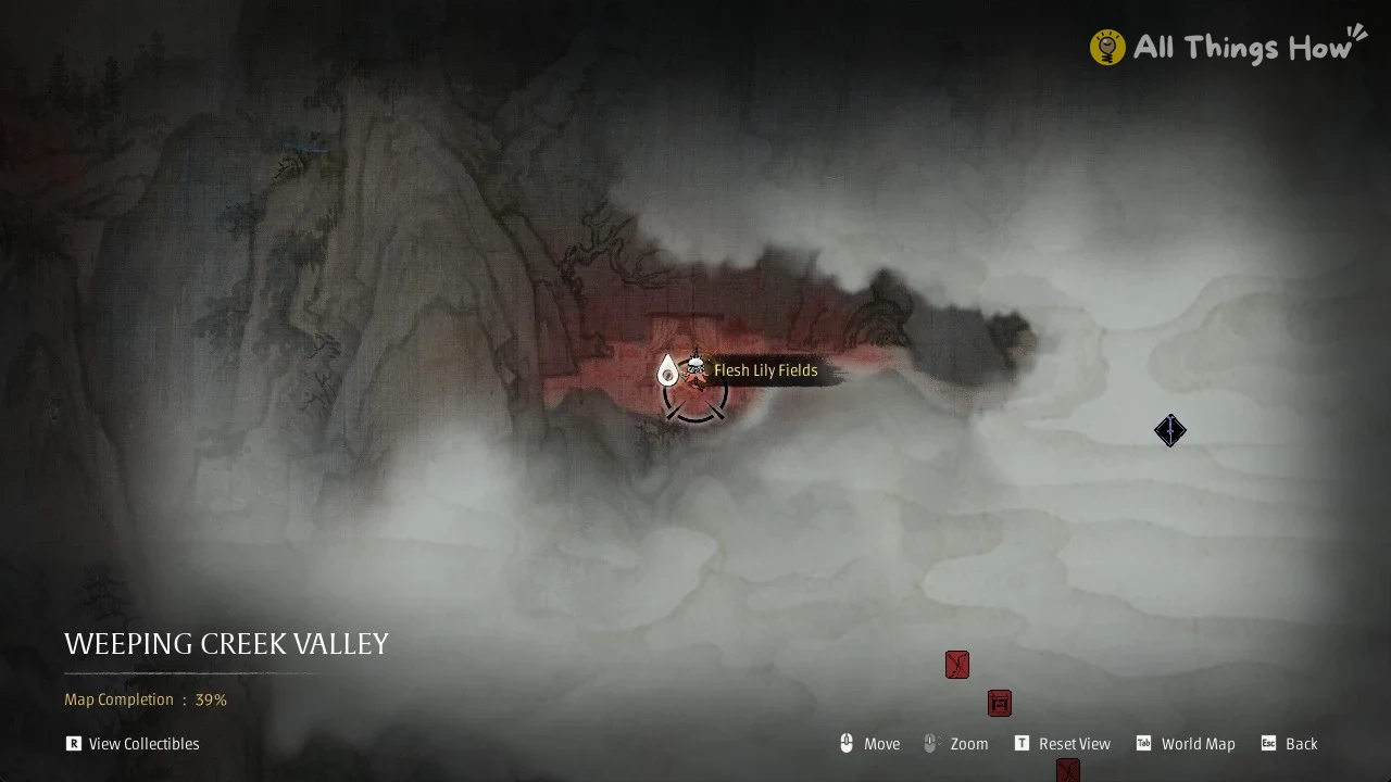 Ink-painted map covered in fog, with a small red revealed area labelled Flesh Lily Fields near the centre.