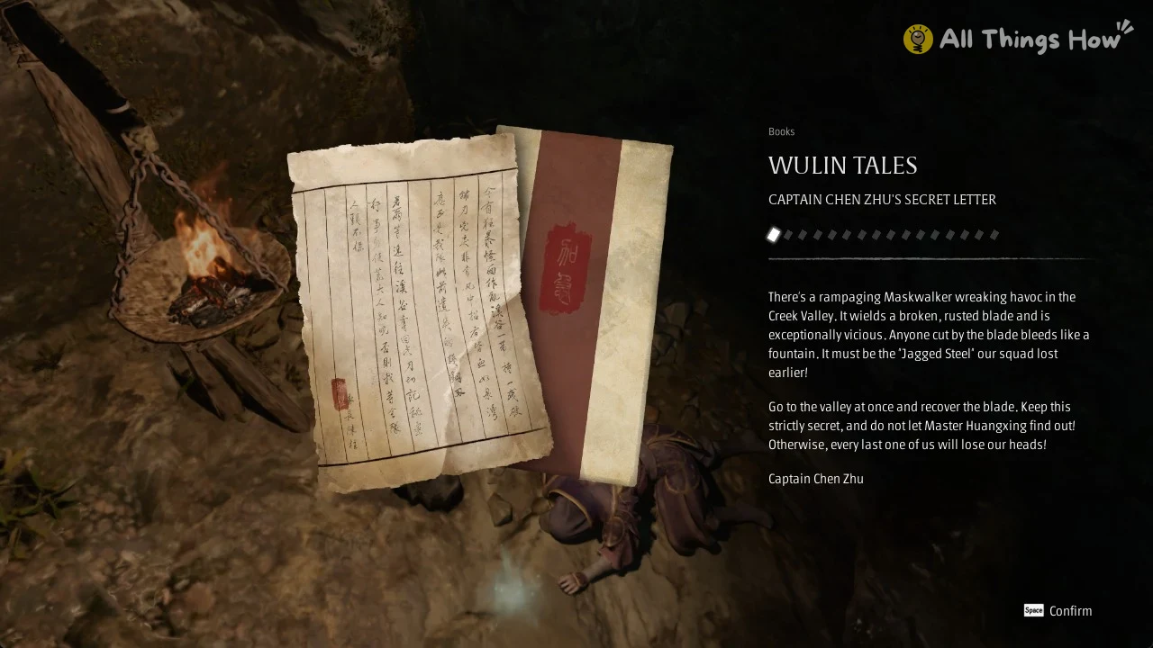 Handwritten Chinese letter and red-sealed envelope beside a text panel titled Wulin Tales, Captain Chen Zhu's Secret Letter.