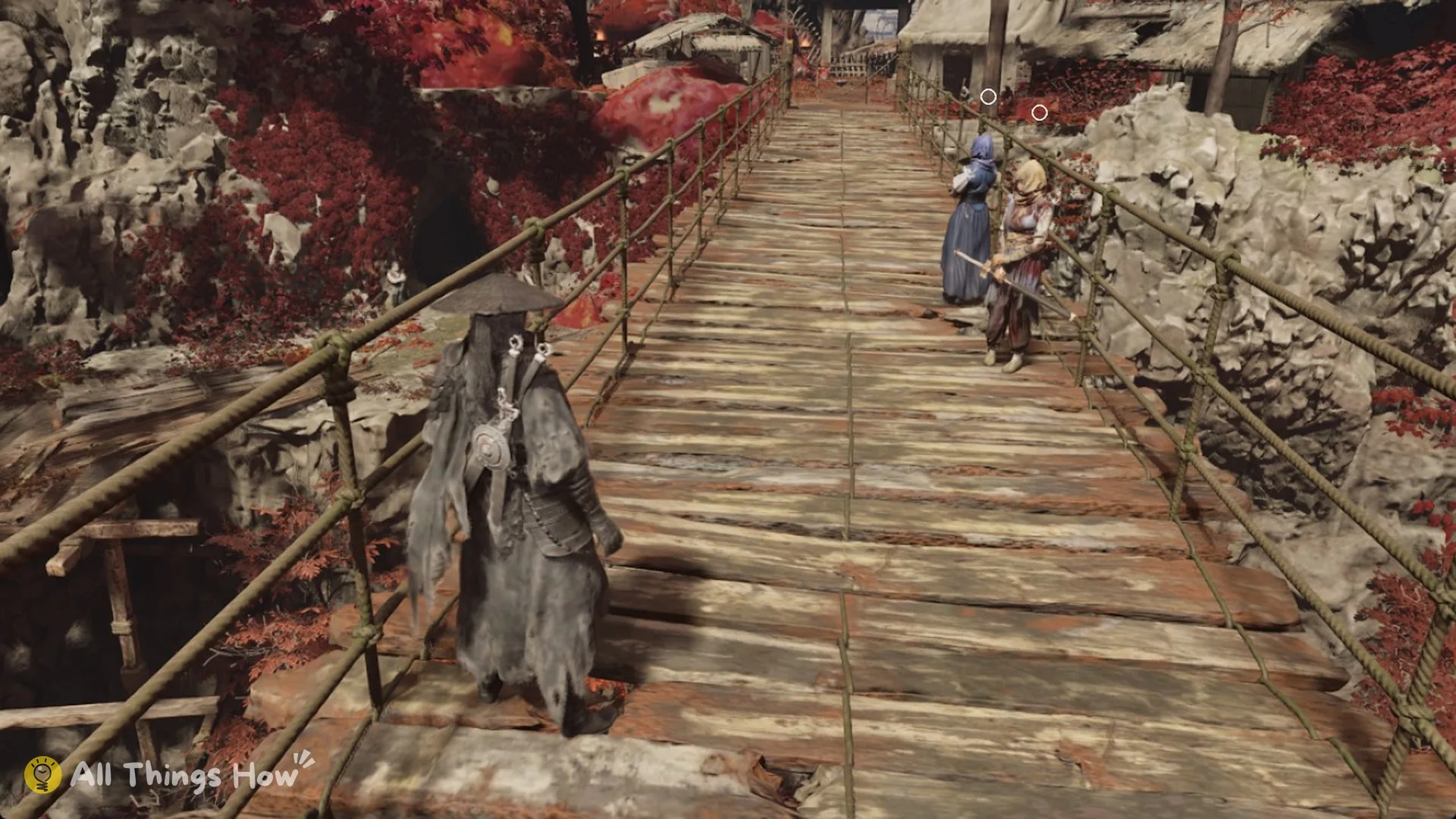 Soul on the rope bridge with the two Baishan Sect disciples near its far end in Phantom Blade Zero