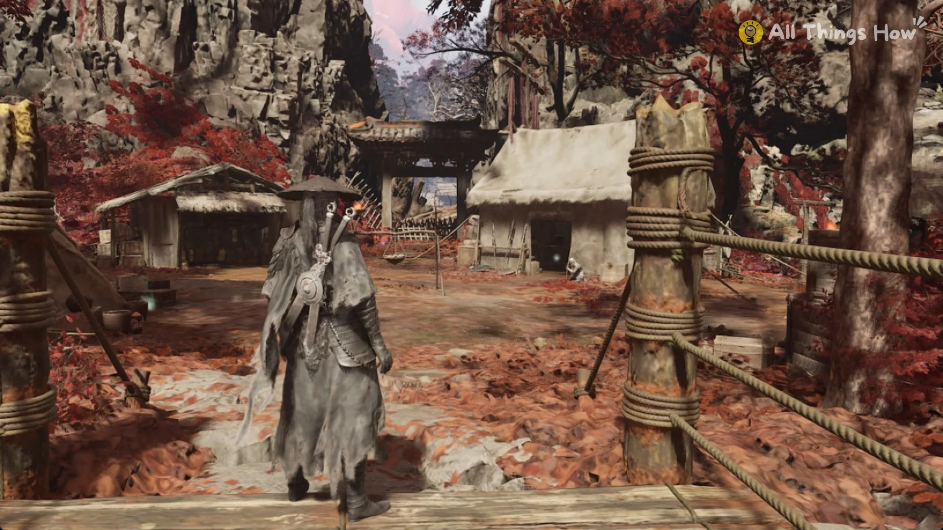 Soul at the end of the rope bridge with the first huts of the Thieves' Camp ahead in Phantom Blade Zero