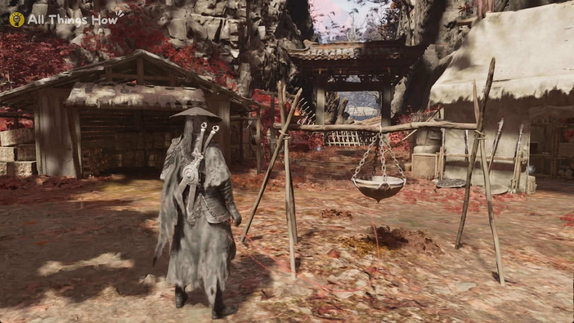 Soul in the middle of the Thieves' Camp by the huts, tents and a hanging scale in Phantom Blade Zero