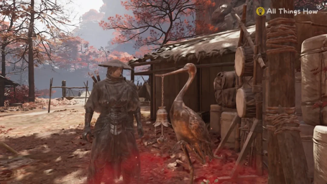 The bronze crane statue holding a bell at the Thieves' Camp in Crimson Forest, Phantom Blade Zero