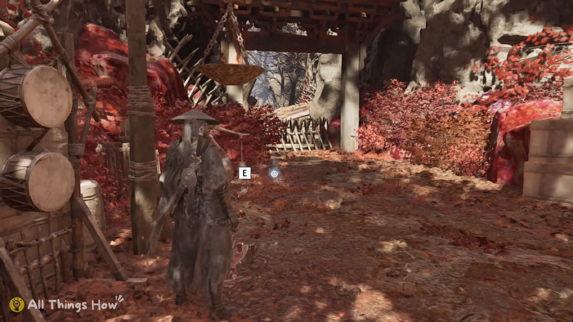 Soul at the Thieves' Camp bell crane statue beside the drums with the E prompt in Phantom Blade Zero