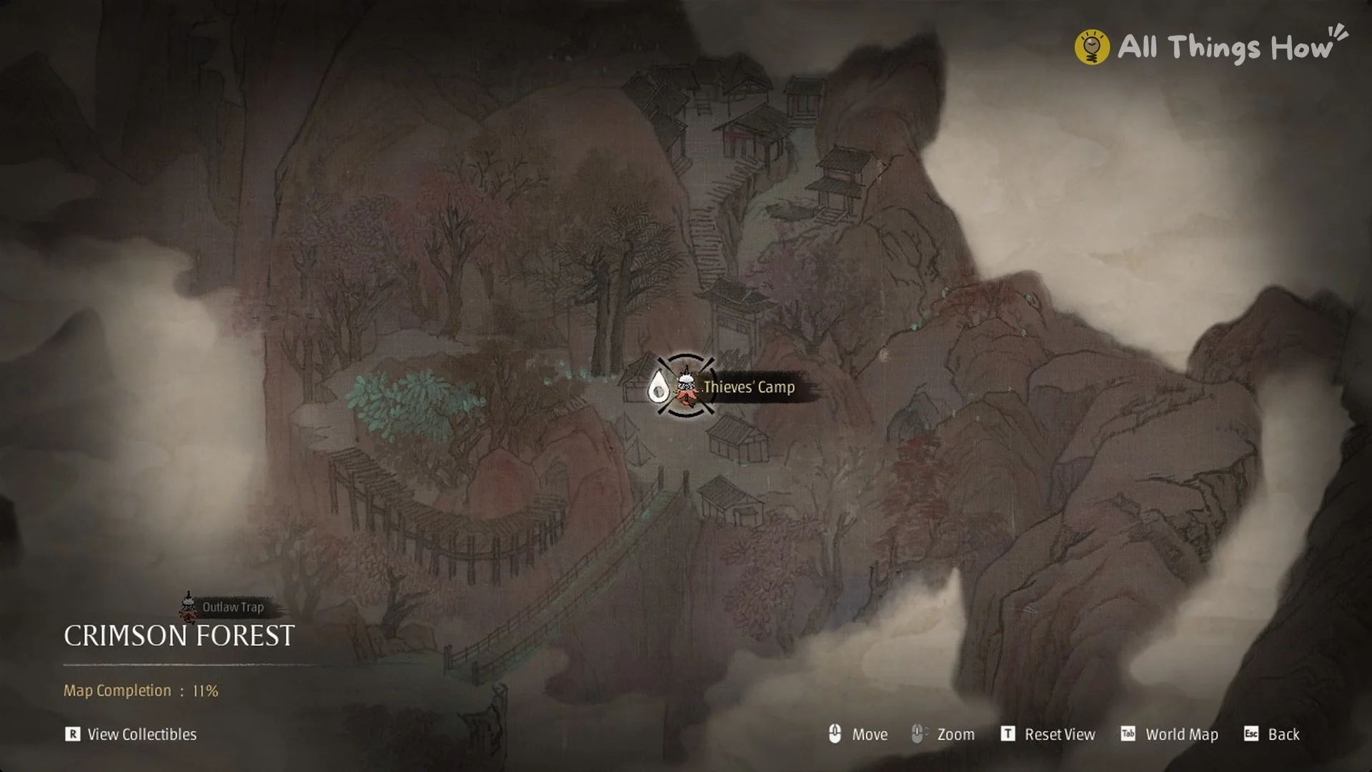Map with the Thieves' Camp pin and Crimson Forest Map Completion 11% in Phantom Blade Zero